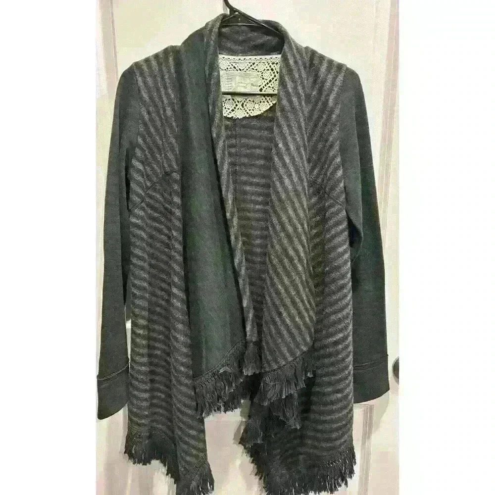 Anthropologie Saturday Sunday Elise Blanket Green Cardigan Striped Fringe Size S